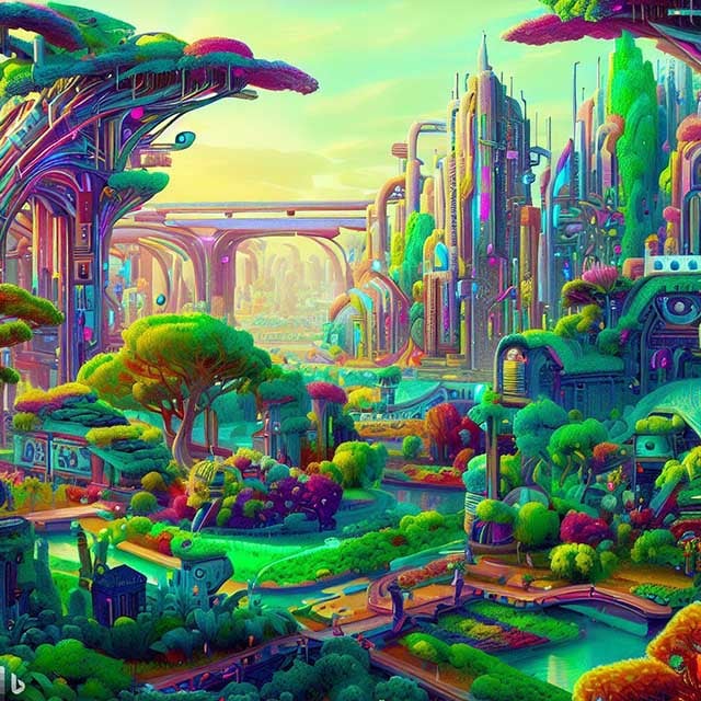 Utopian future world ai people bio diversity
