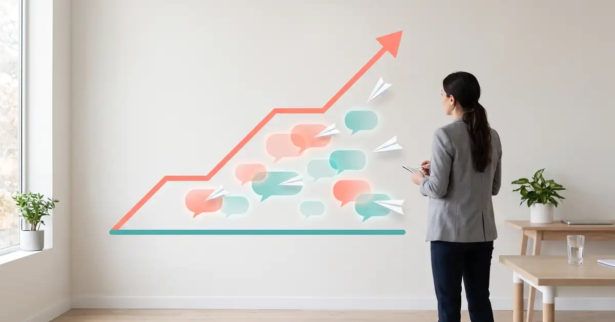 Analyst studying a chart where an impressions line climbs steeply while a clicks line stays flat, with speech-bubble shapes intercepting the traffic between them