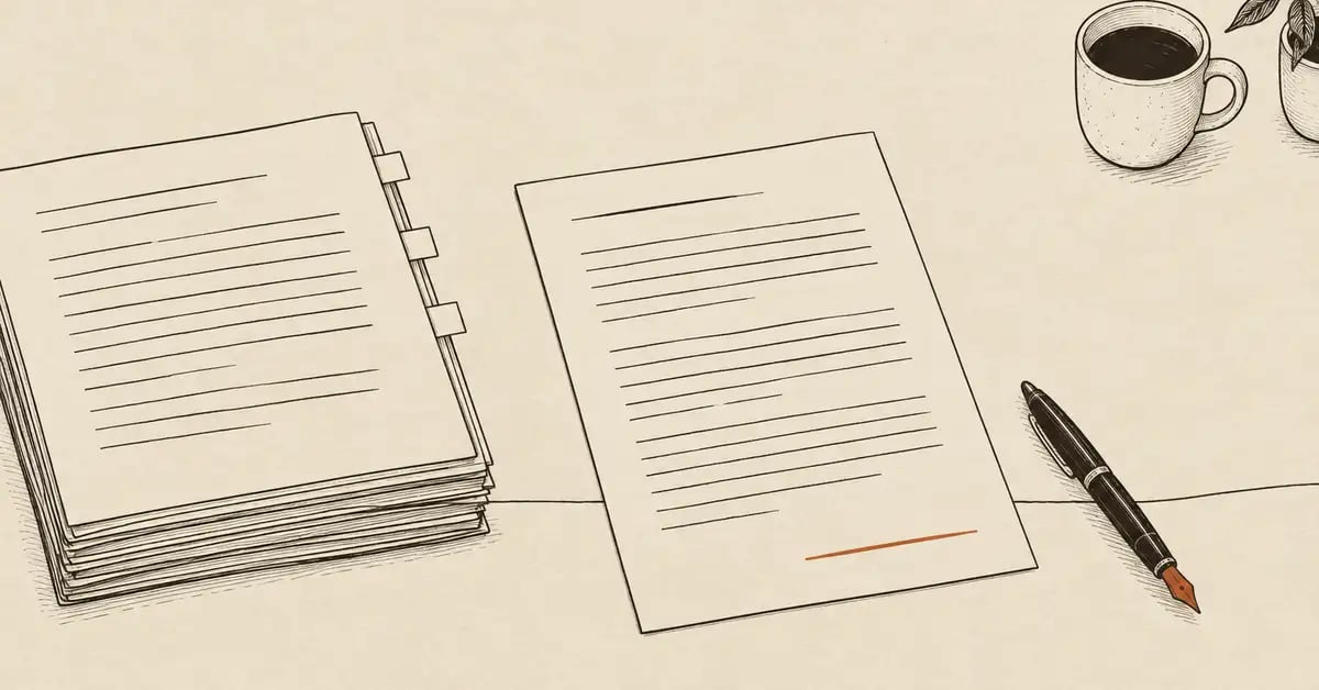 Ink line illustration of a stack of research papers linked by a thin line to a draft article and a fountain pen, with the signature line on the draft in terracotta