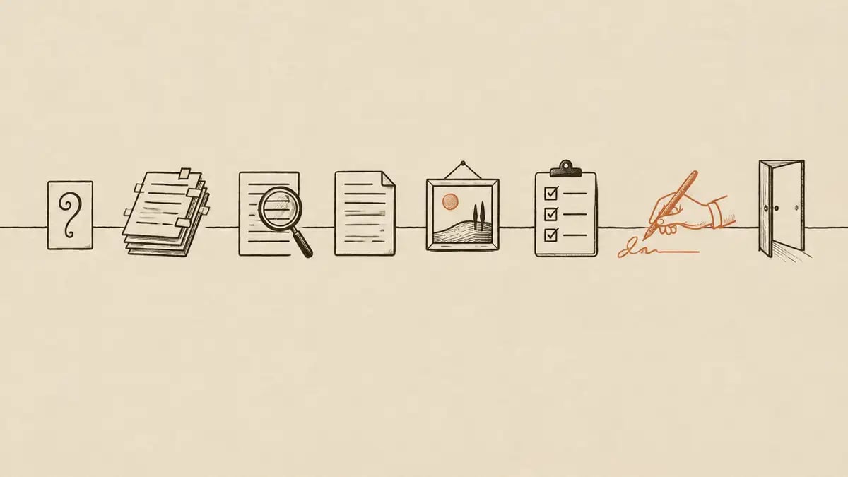 Ink illustration of a content pipeline as a row of stages joined by a line: a question card, source documents, a magnifying glass, a draft, an image, a checklist, then a hand signing in terracotta before an open door