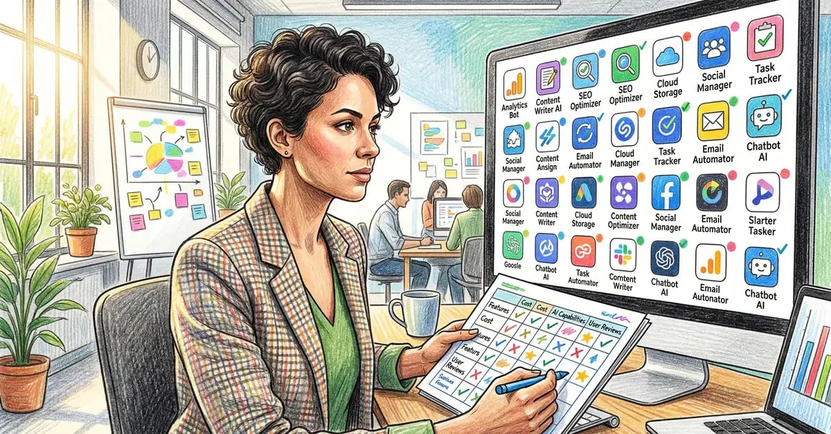 UK marketing team leader comparing AI software tools and features on a large monitor in a modern office