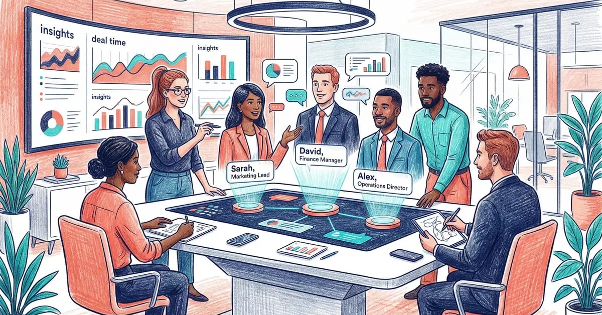 B2B SaaS marketing team collaborating with interactive buyer persona holograms in real-time conversation interface