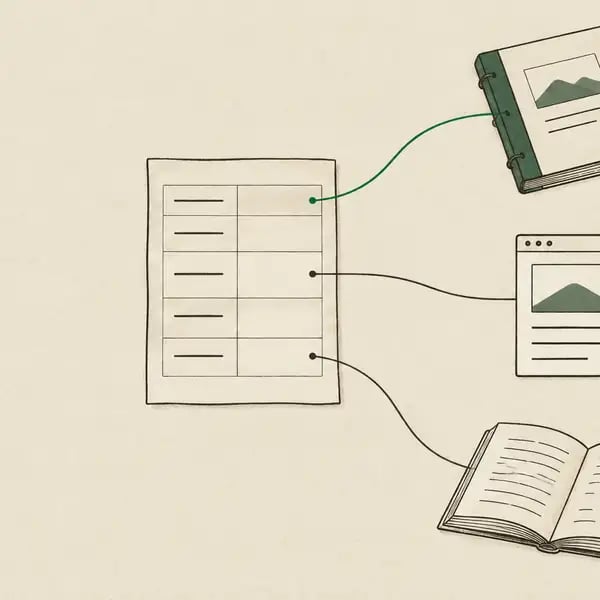 Ink illustration of a claims table on a sheet of paper, with threads running from its rows to a report, a web page and a book, one thread in green to show a checked source