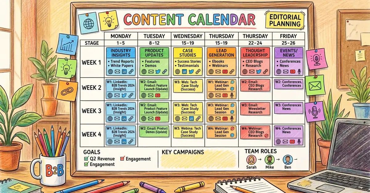 Pencil crayon illustration of a content calendar template with editorial planning workflow for B2B marketing teams