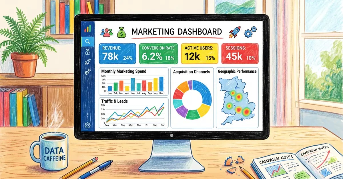 Marketing analytics dashboard on a desktop monitor showing colourful charts and KPI cards for campaign performance tracking
