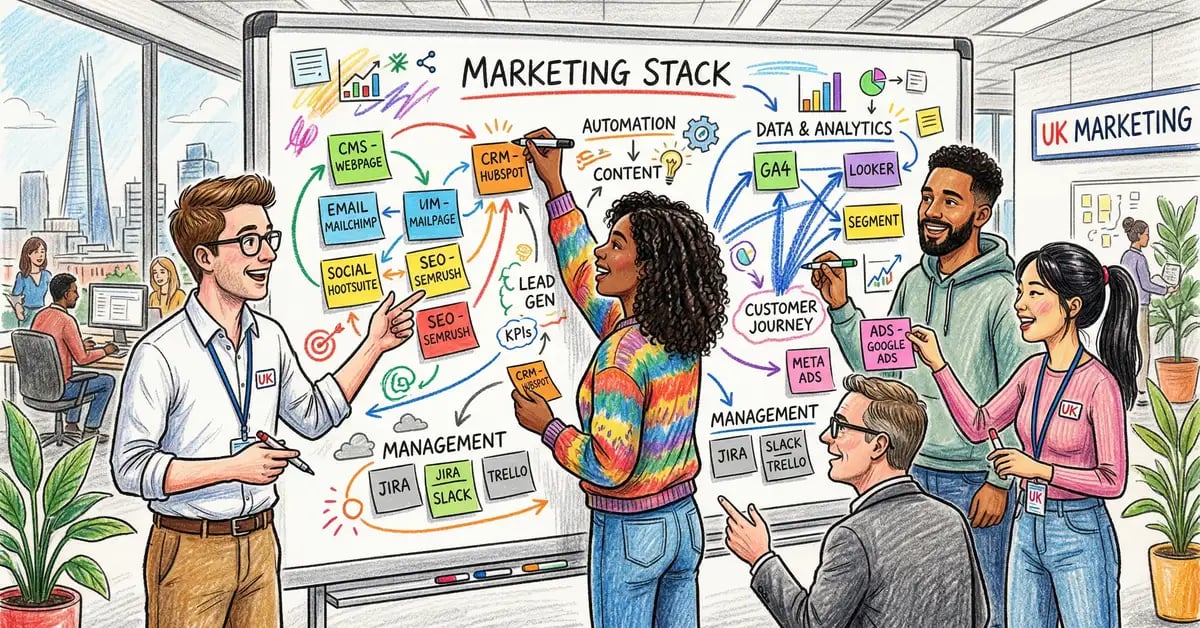 UK marketing team mapping out their technology stack on a whiteboard with sticky notes connecting different software platforms