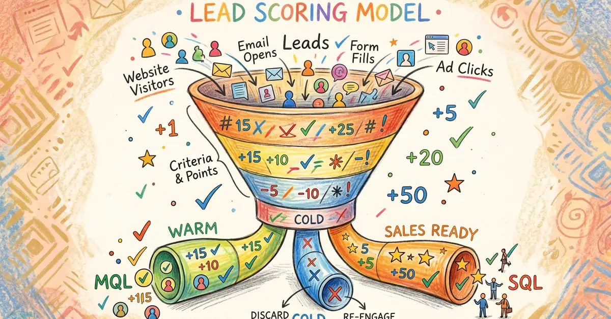 Pencil crayon illustration of a lead scoring model template with demographic and behavioural scoring dimensions