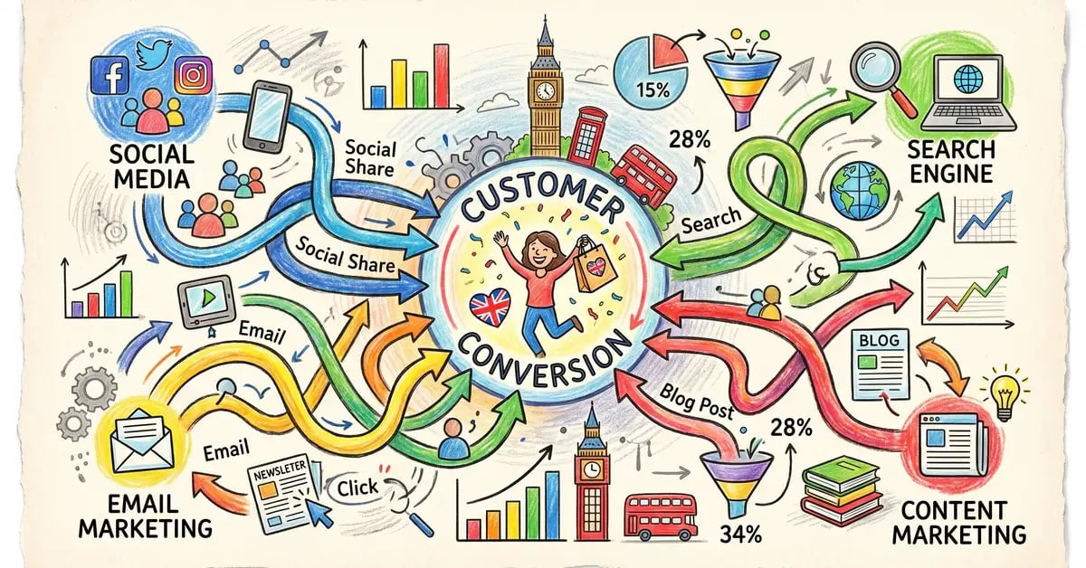 Marketing attribution models showing multi-touch buyer journey touchpoints