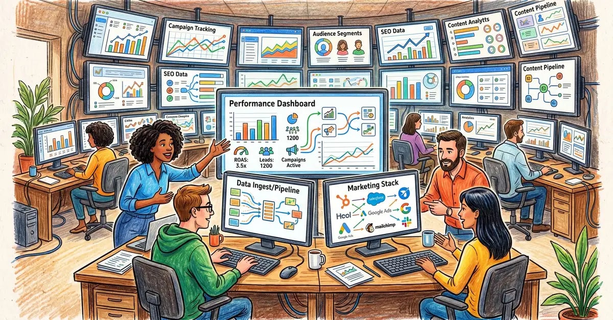 Marketing operations team working at a central command centre with dashboards and connected marketing tools
