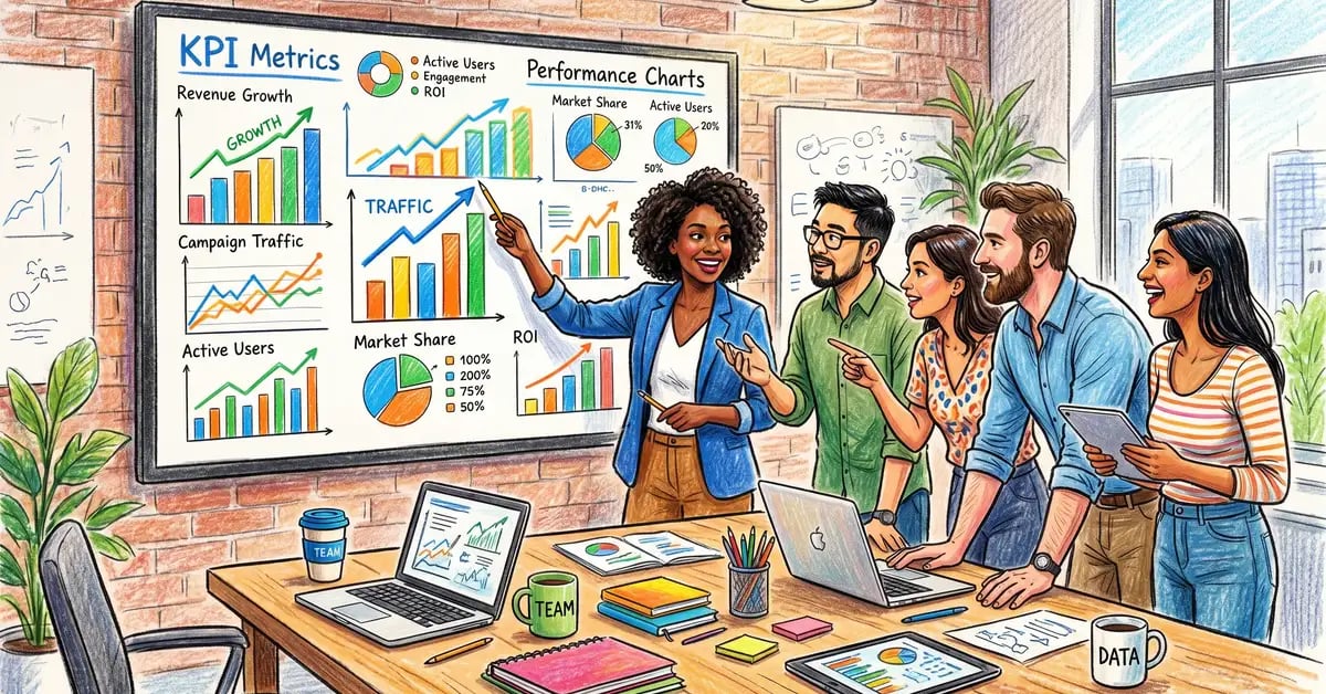 Marketing team reviewing performance charts and KPI metrics on a large conference room screen