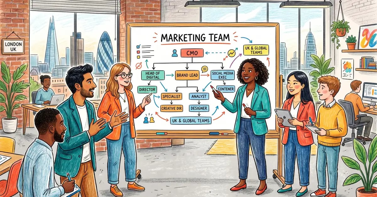 Marketing team structure org chart showing roles, reporting lines, and team hierarchy for B2B companies