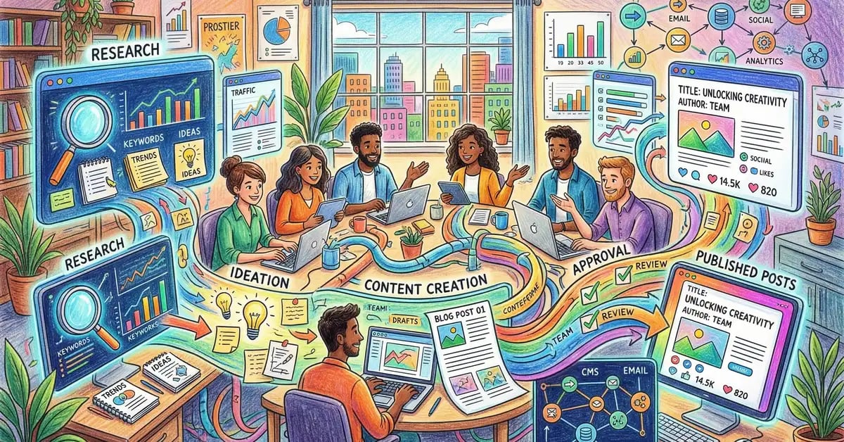 Marketing team surrounded by interconnected workflow automation dashboards showing content flowing automatically from research through to published blog posts