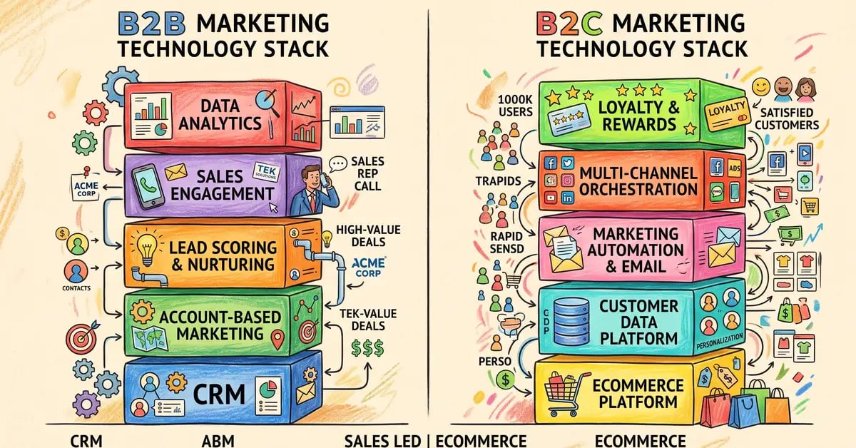 A B2B marketing technology stack and a B2C stack shown side by side as two towers of connected tools