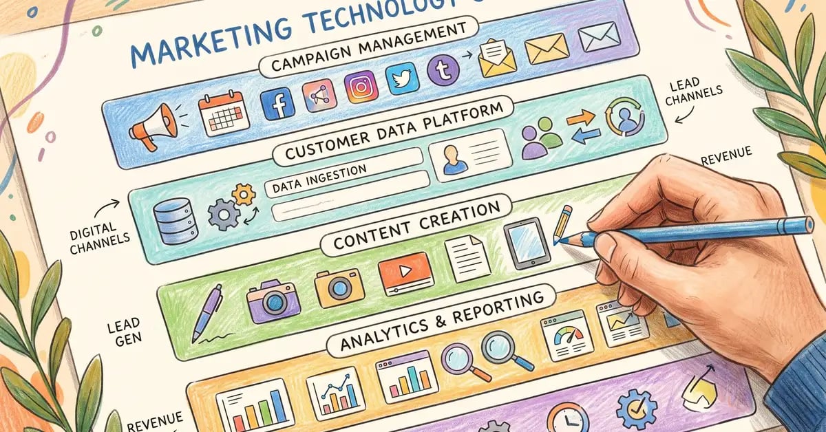 A layered marketing technology stack diagram drawn as horizontal bands holding tool icons