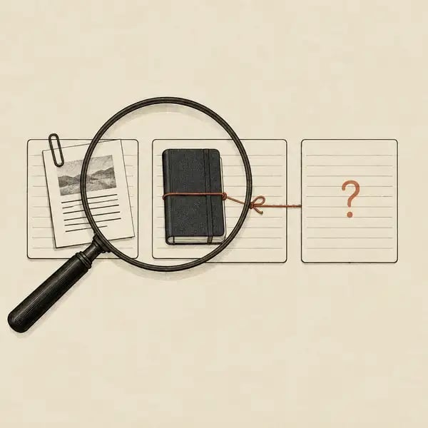 Ink illustration of a magnifying glass over three index cards: one clipped to a source page, one tied to an interview notebook and one marked with a question mark, showing persona claims checked against evidence
