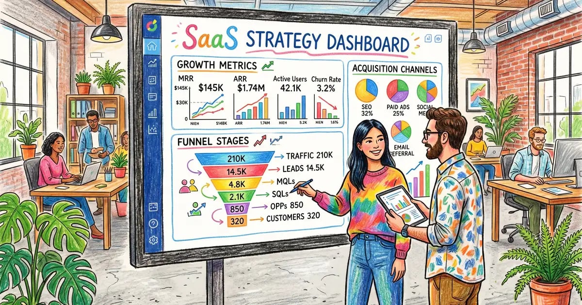 SaaS marketing strategy dashboard showing growth metrics, funnel stages, and acquisition channels