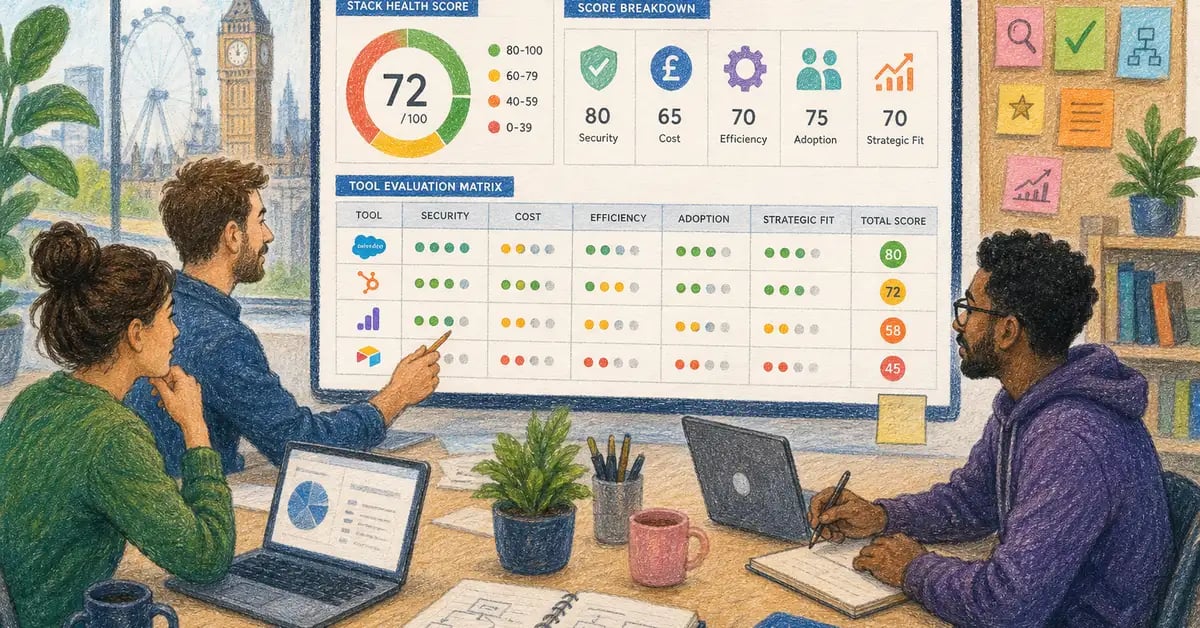 UK marketing operations team conducting technology stack audit with scoring dashboard