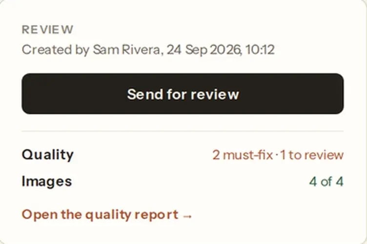 The review panel for an article: who created it and when, a Send for review button, and the result of its check, with 2 things to fix and 1 to review.
