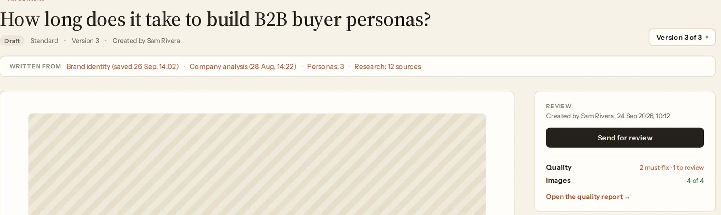 An article in the product, version 3, with the pages and profiles it was written from, and a review panel showing the result of its check before anyone approves it.