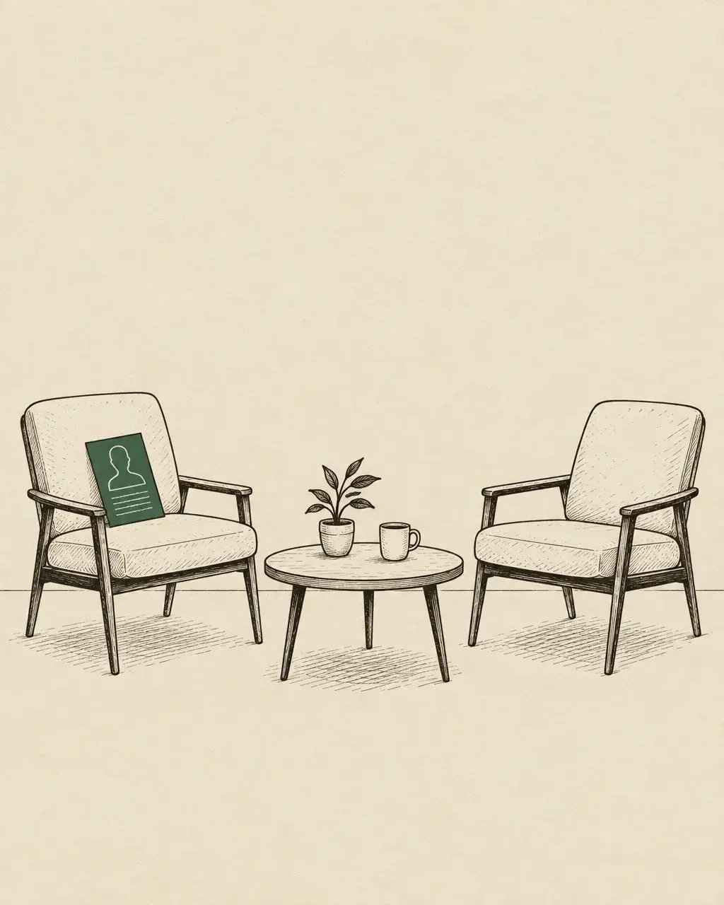 Two empty chairs facing each other across a low table, a green profile card propped on one