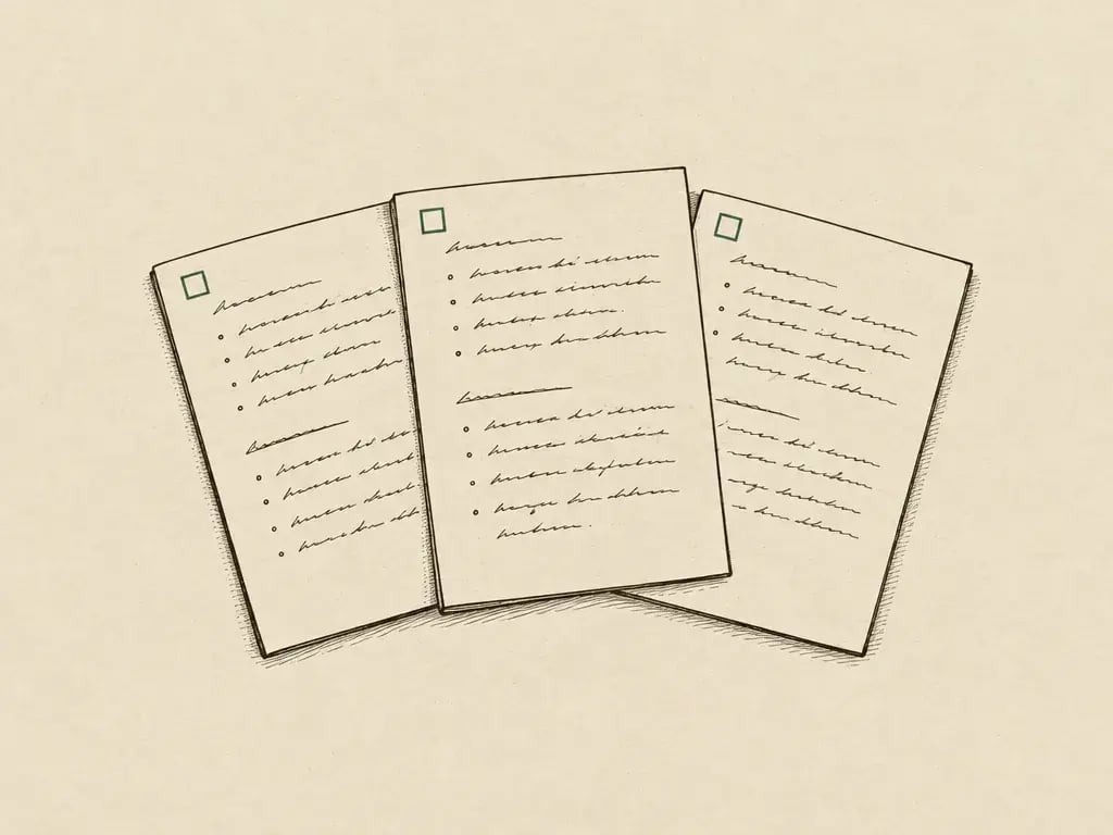 Three identical sheets of paper fanned out, none of their checkboxes ticked