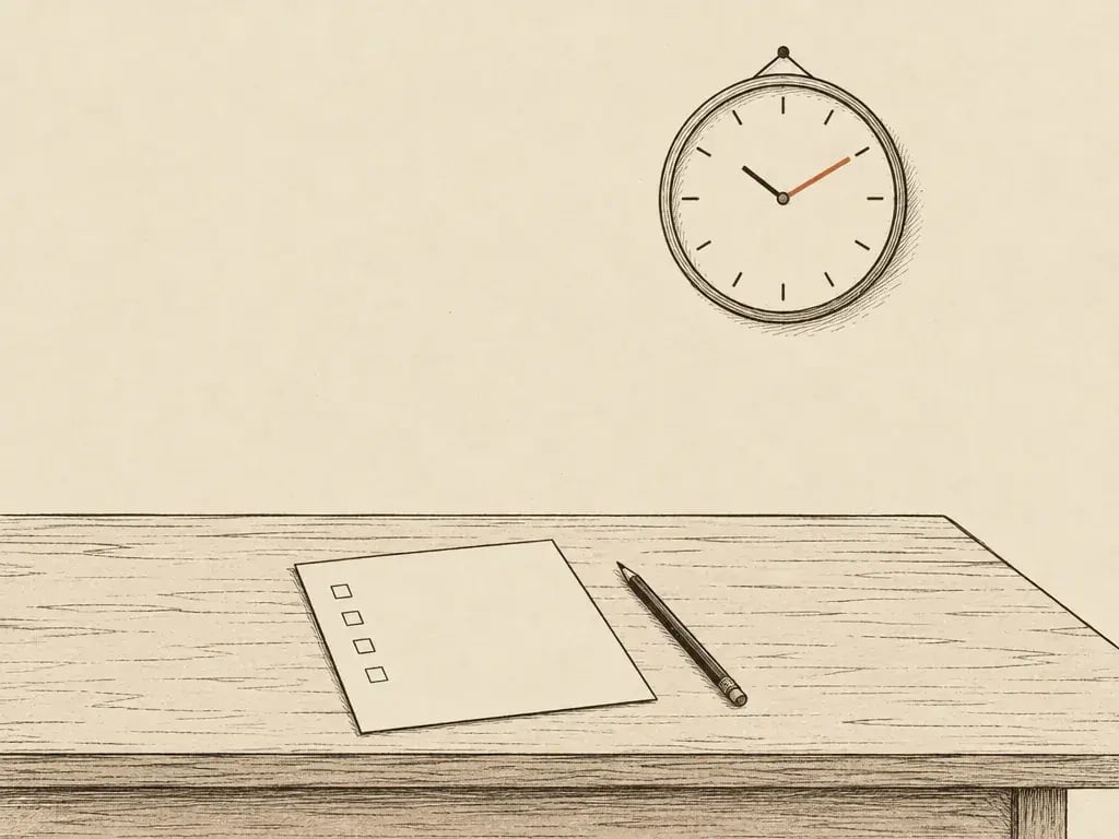 A wall clock above a desk with a blank to-do list and a pencil