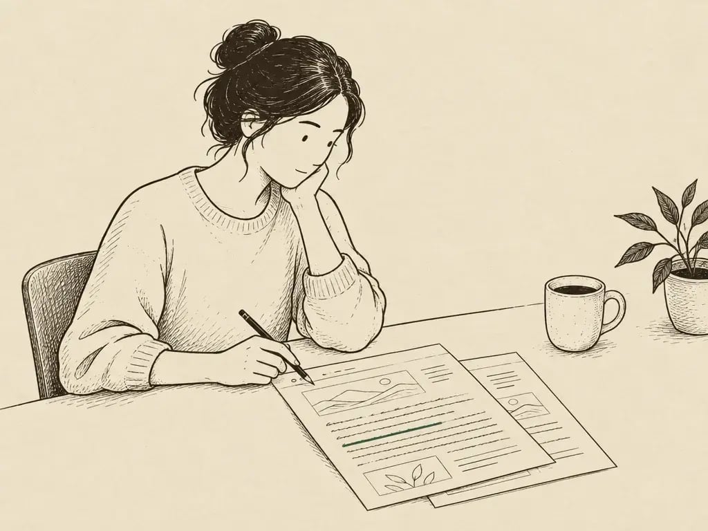 Mary reading printed web pages at a table, pencil in hand, one passage underlined in green