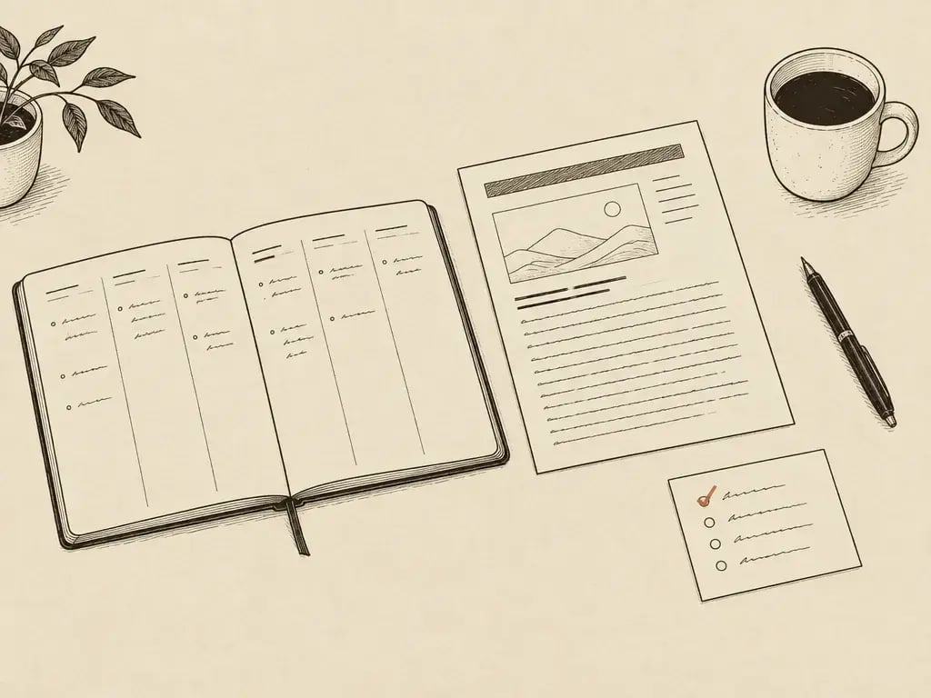 A tidy desk with an open week planner, one article and a short list with the first item ticked