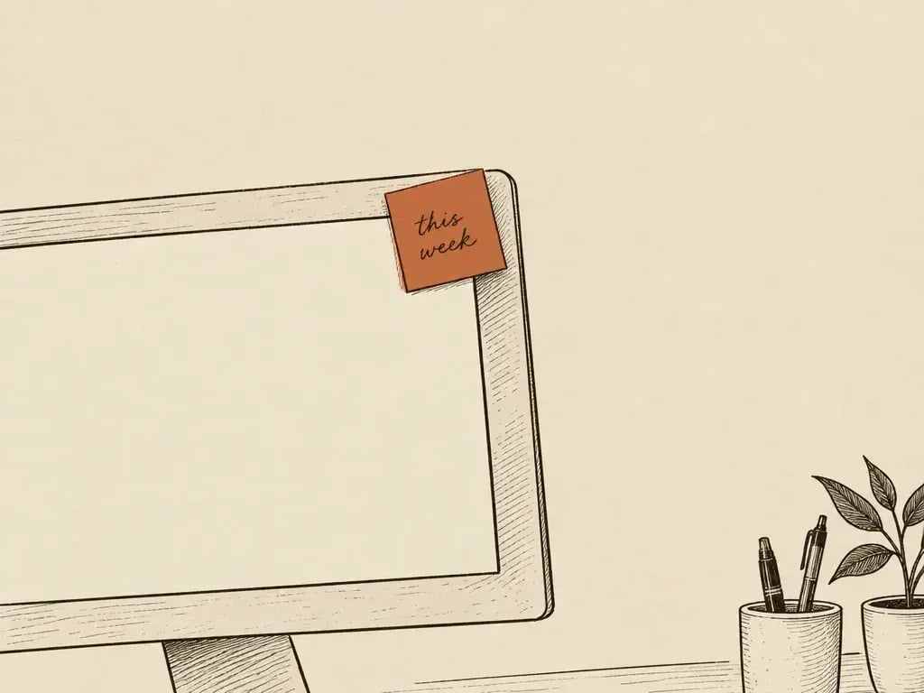A terracotta sticky note reading “this week” on the corner of a computer monitor