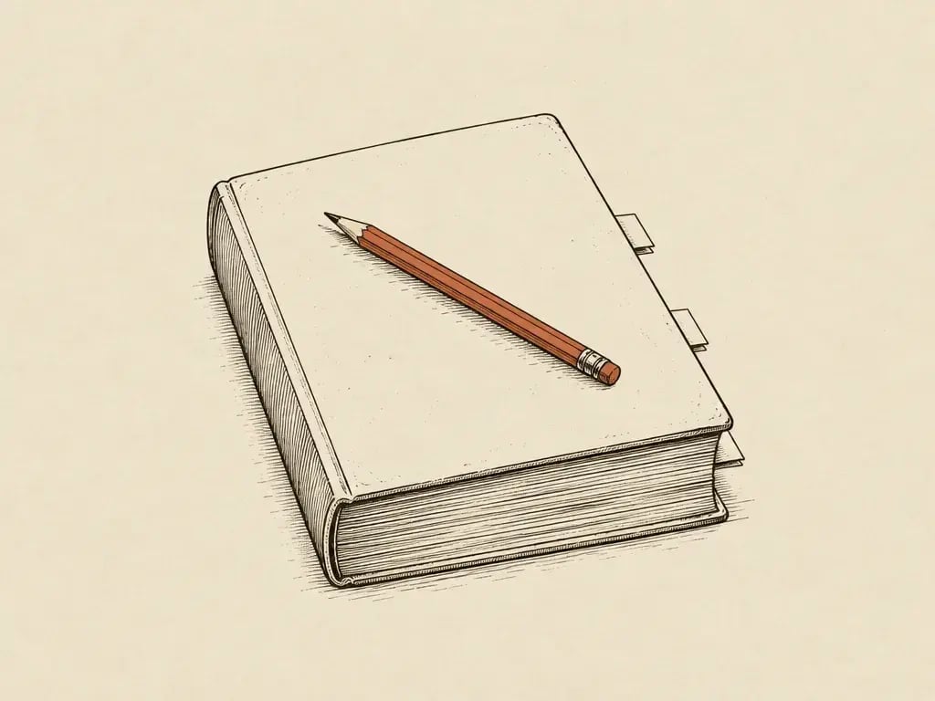 A thick closed manual with a pencil resting on the cover