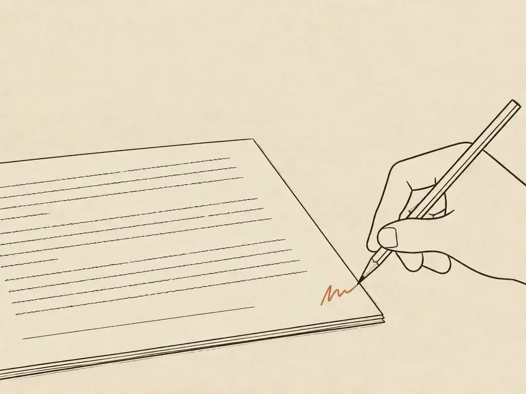 A hand initialing the corner of a printed draft, the initials in terracotta