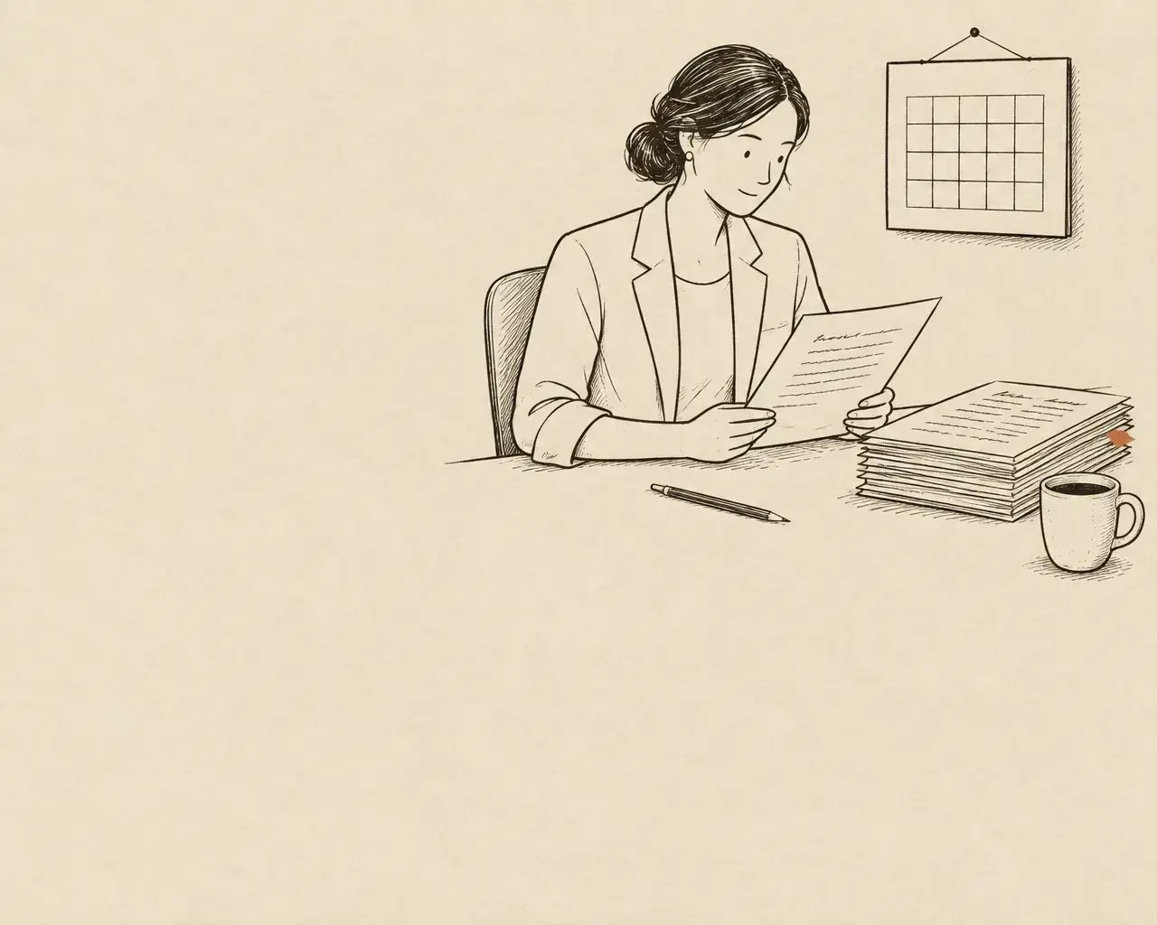 An account manager at her desk reading a draft, with a wall calendar behind her and a stack of drafts, one tagged in terracotta