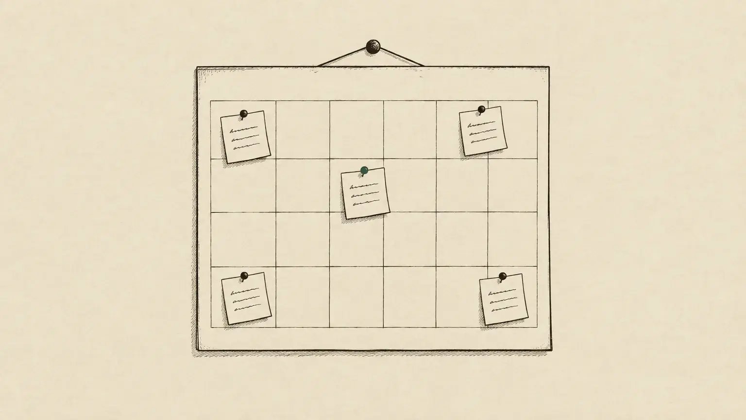A month calendar on a wall with short drafts pinned to some of the days, one pin in green