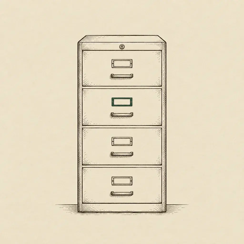 A closed, locked four-drawer filing cabinet with one drawer label in green