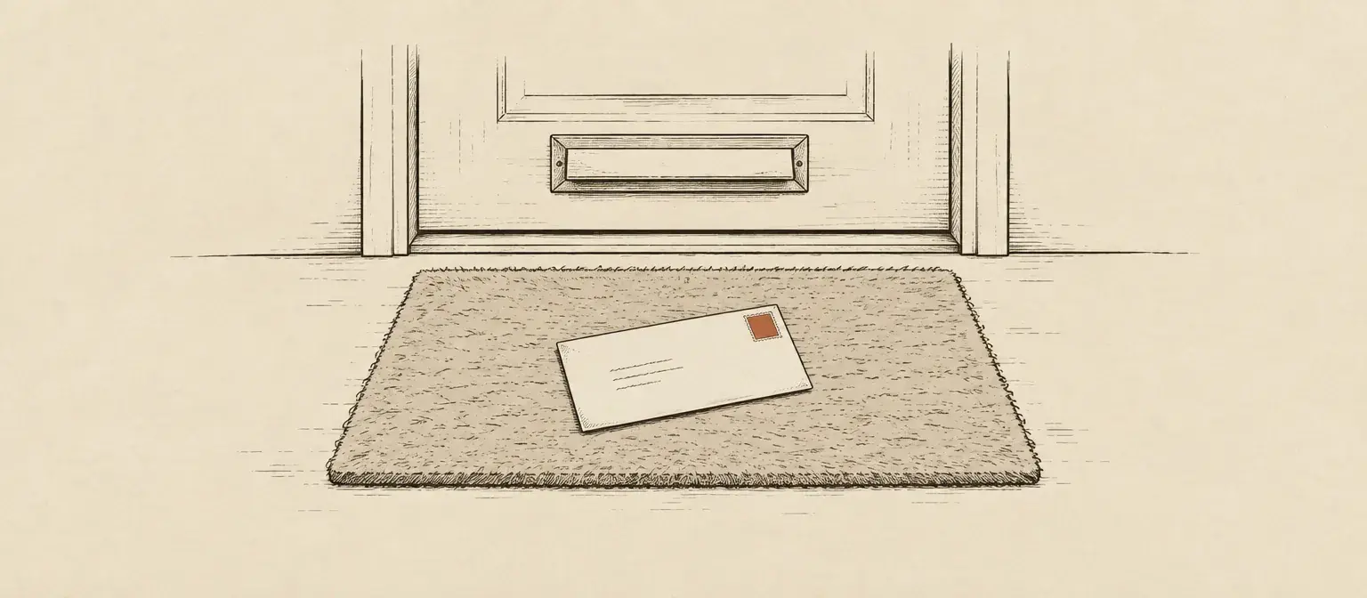An envelope with a terracotta stamp lying on a doormat inside a front door