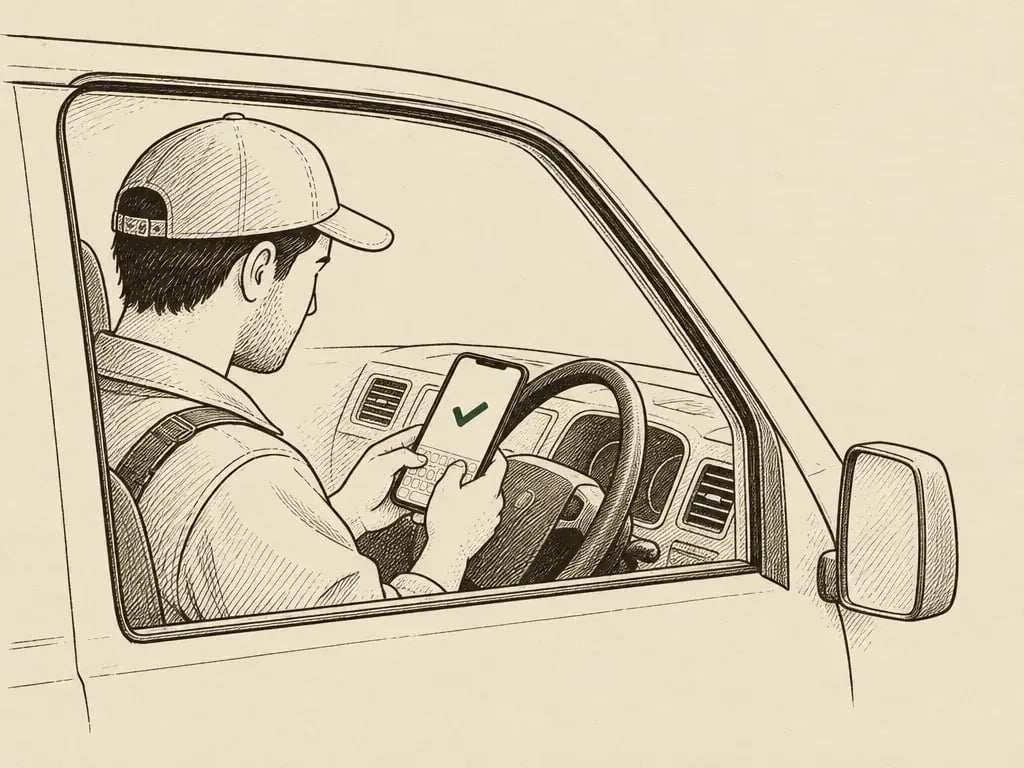 A tradesperson in a van cab typing a question on a phone that shows a green tick