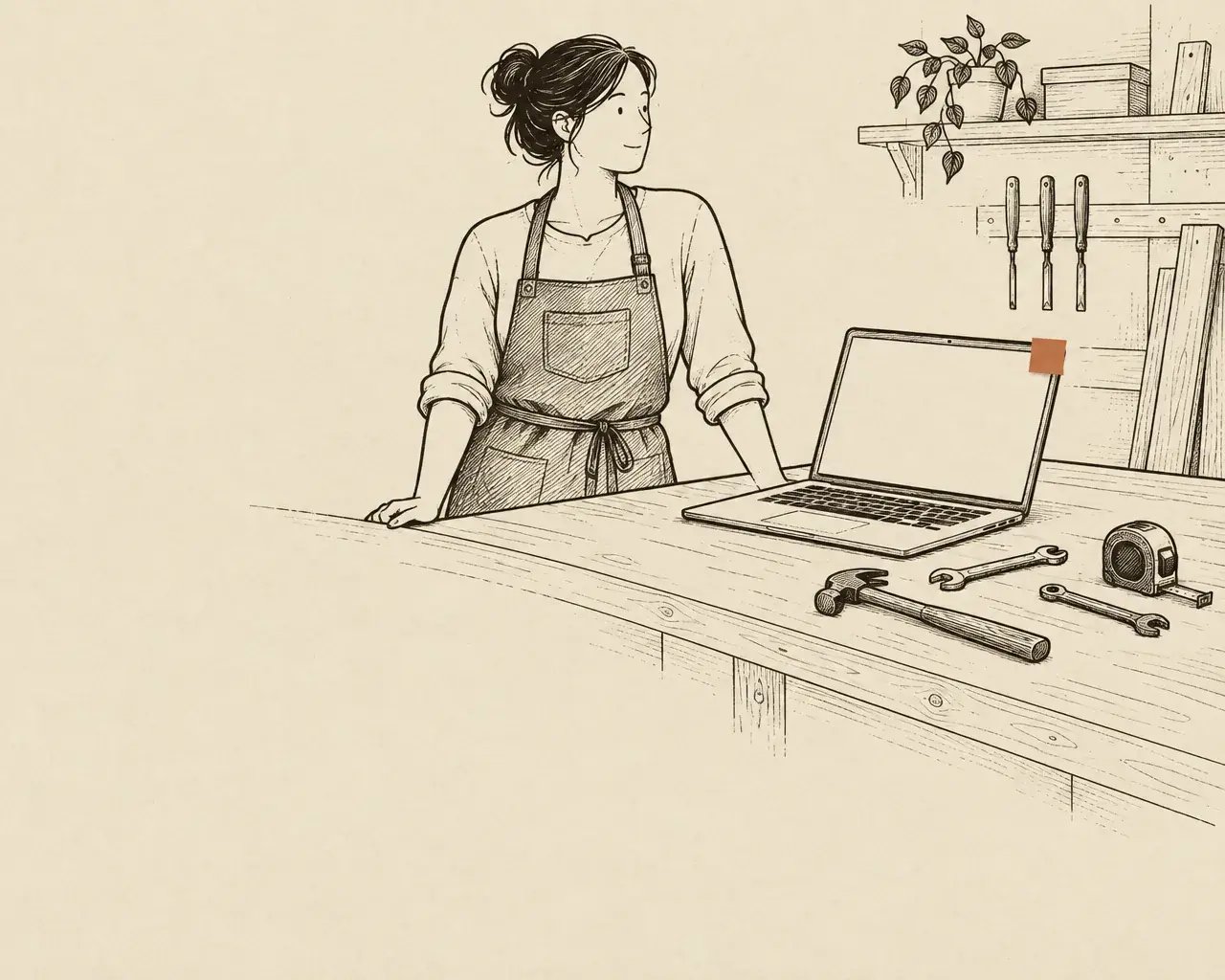 A business owner in an apron at a workshop bench beside an open laptop and hand tools