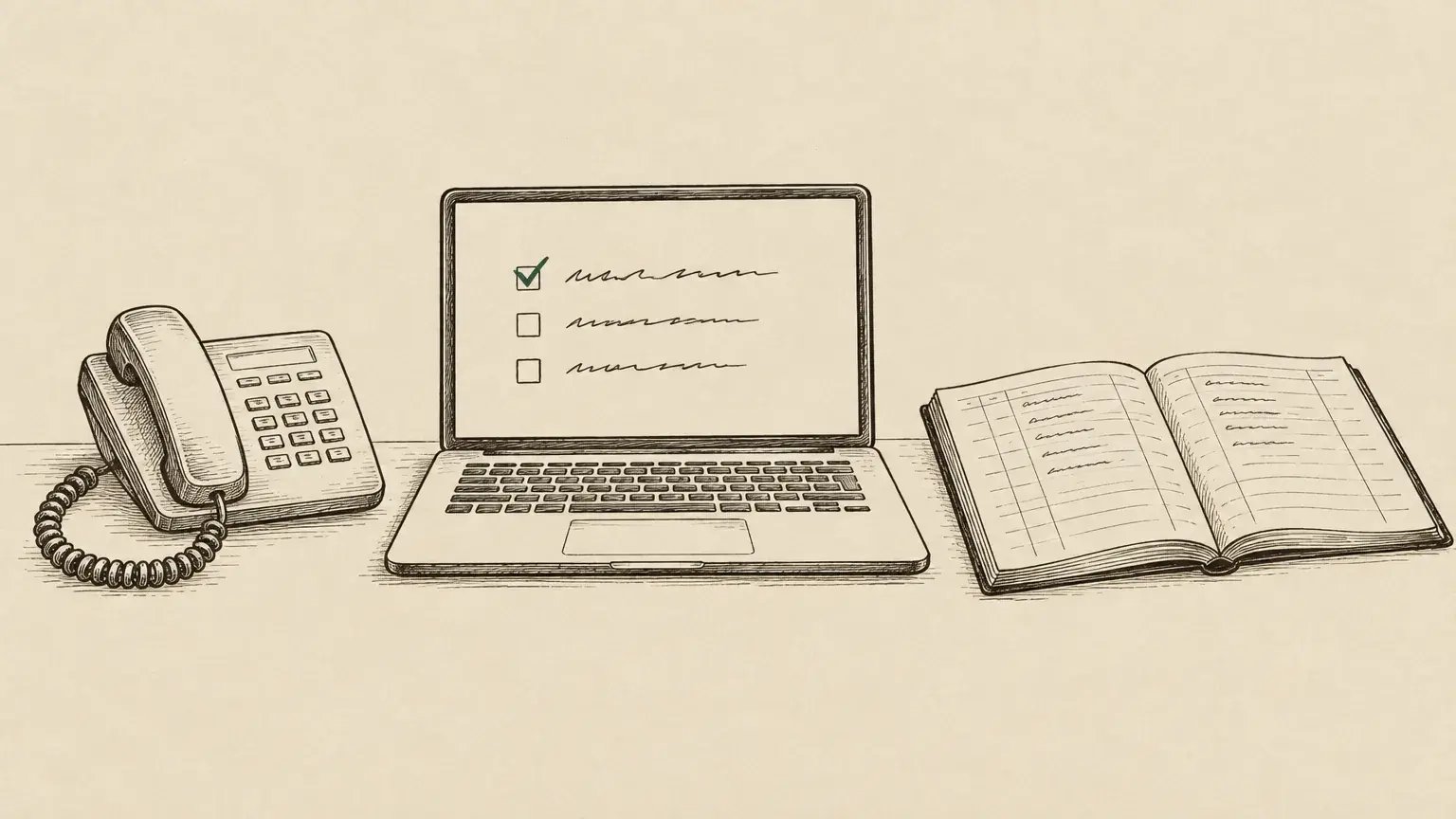 A front-desk laptop showing a short to-do list, between a desk phone and an order book