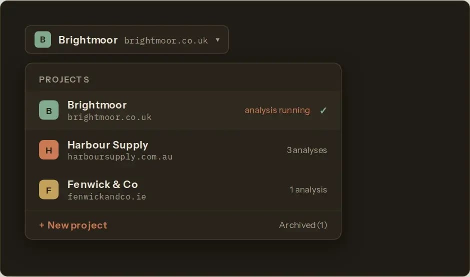 The project switcher listing three sample client projects: Brightmoor with an analysis running, Harbour Supply with 3 analyses and Fenwick & Co with 1 analysis, plus a link to start a new project.