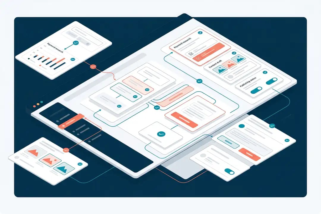 AI marketing dashboard showing unified workflows — keyword research, content creation, publishing, and verification connected in one platform