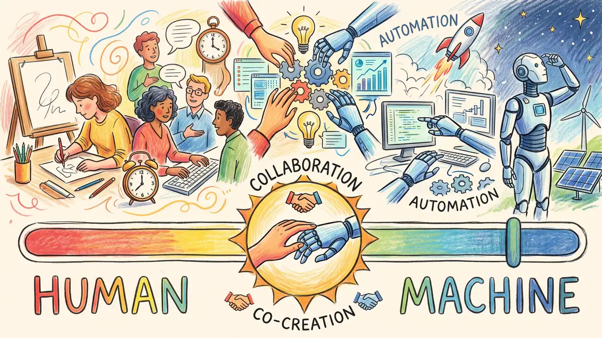 A spectrum from full human control to full machine autonomy, with a marker at the collaborative middle point