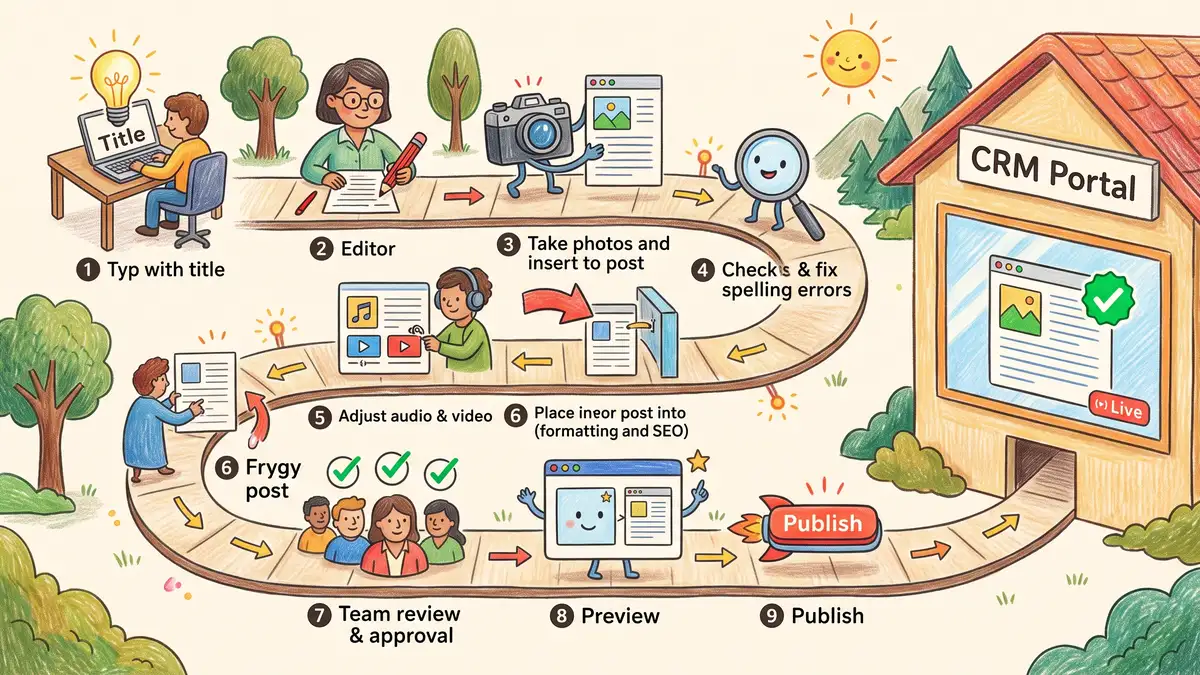 A blog post moving through nine stages to a published, verified page inside a HubSpot portal