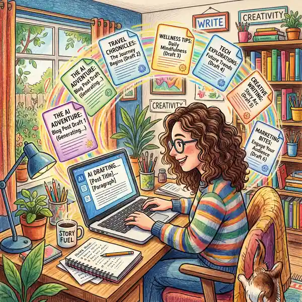 Writer at desk with laptop creating AI-assisted blog content surrounded by creative workspace elements