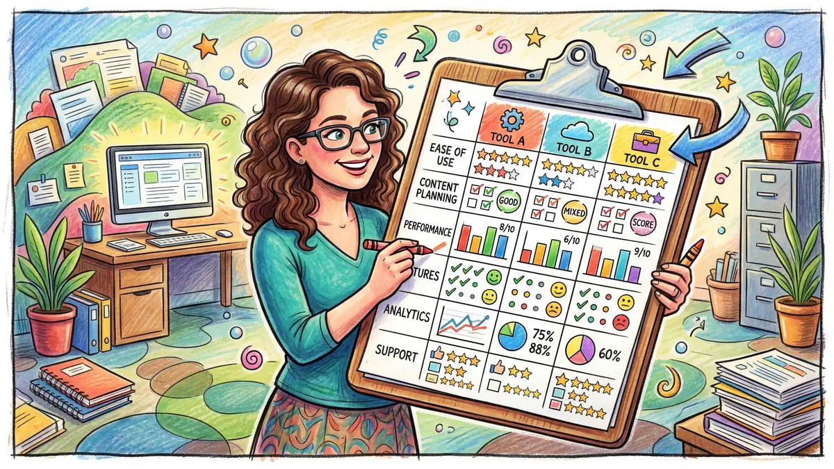 Content strategist evaluating AI blog writing tools against a scoring rubric with star ratings for research depth, writing quality, and pipeline coverage