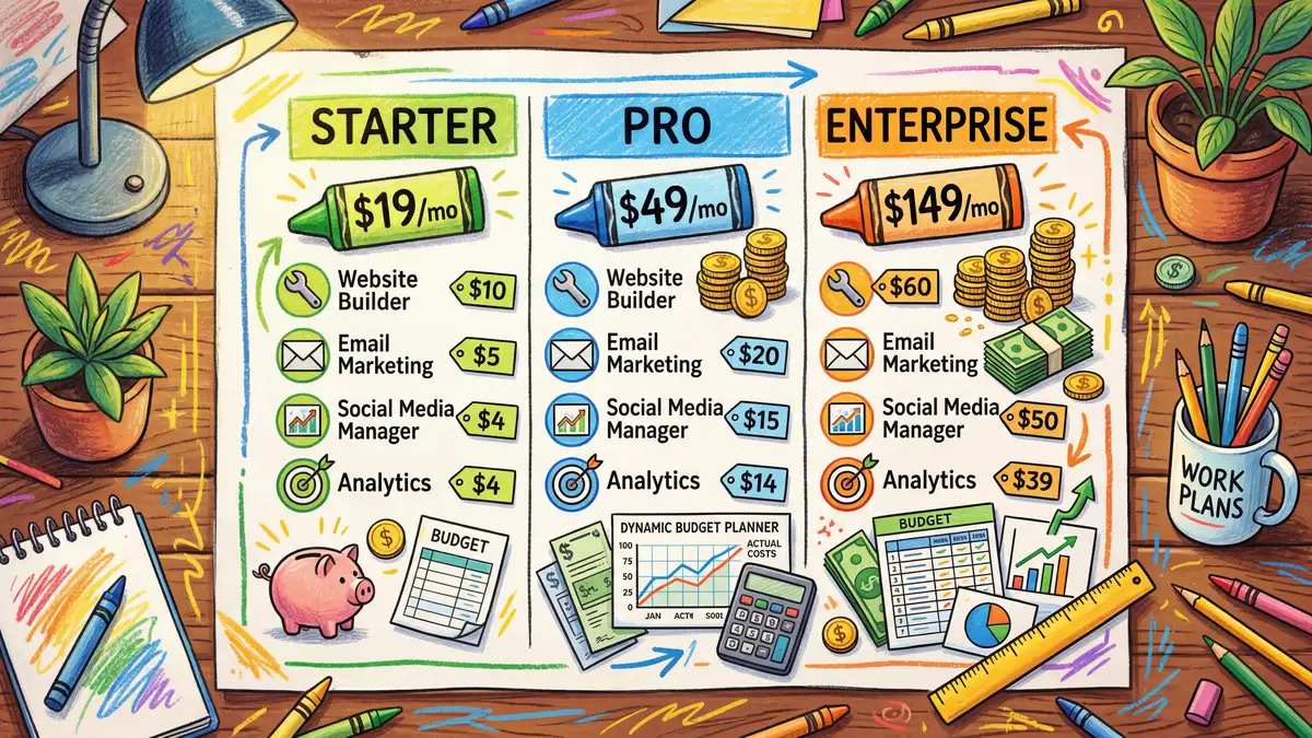 Comparison chart showing pricing tiers and true cost per blog post across AI writing tools with budget planning elements