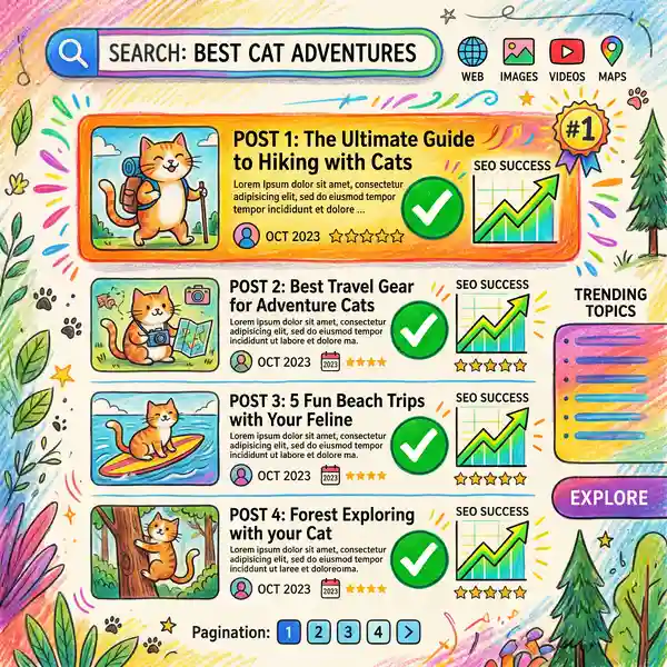 Search engine results page showing blog posts with high rankings and upward trending performance graph