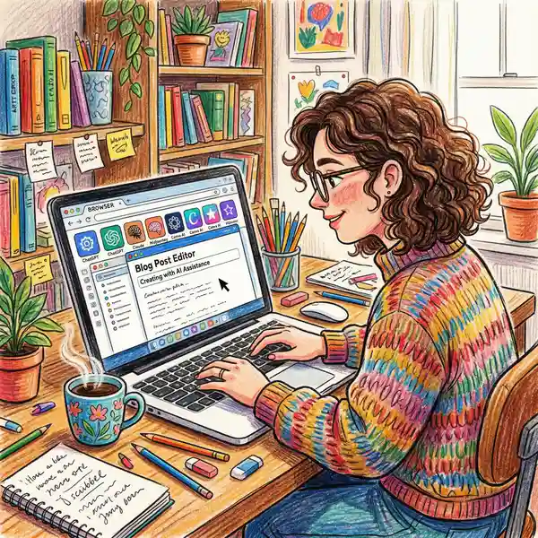 Writer at desk with multiple AI content creation tools open across browser tabs producing a blog post