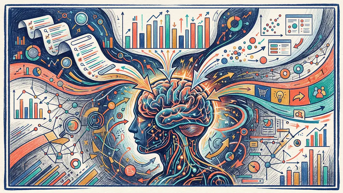 AI brain analysing keyword data streams, search volume patterns, and competitive gaps simultaneously