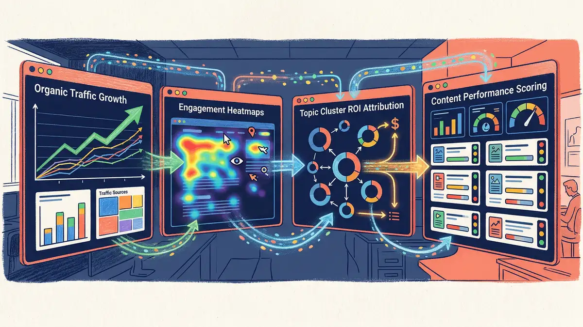 AI content performance analytics dashboards showing traffic forecasting, engagement heatmaps, topic cluster ROI attribution, and performance scoring