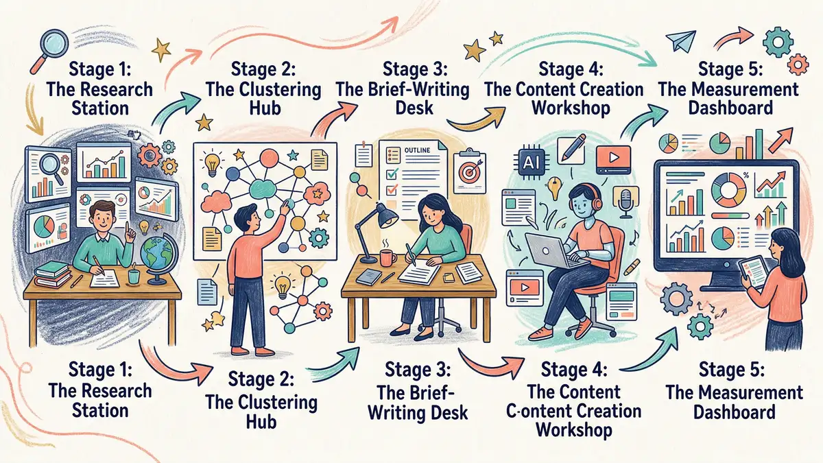Five-stage AI content strategy pipeline showing research, clustering, briefing, creation, and measurement stages connected by workflow arrows
